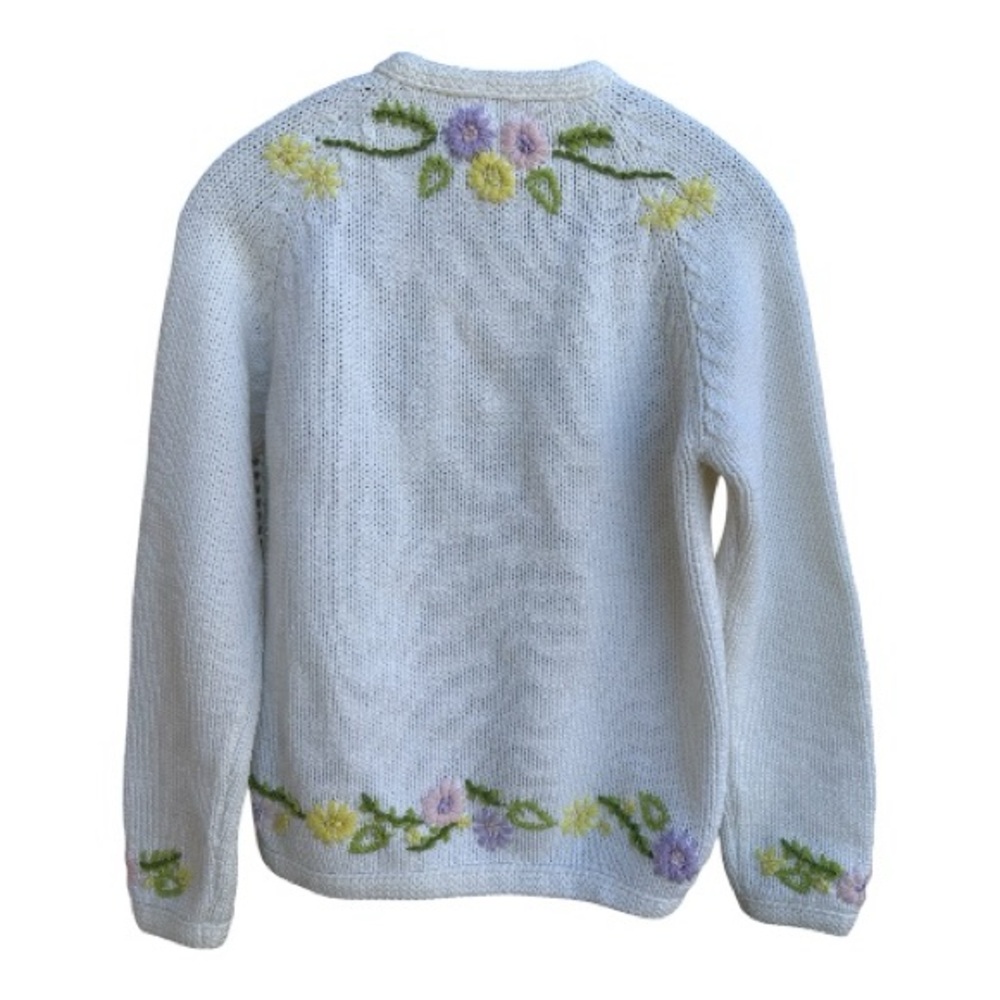 Vintage White Floral Embroidered Knit Cardigan Cottagecore Sweater M - Picture 9 of 10